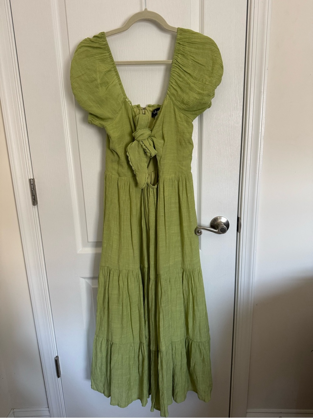 Lulus Darling Concept Green Tiered Tie-front Puff Sleeve Midi Dress